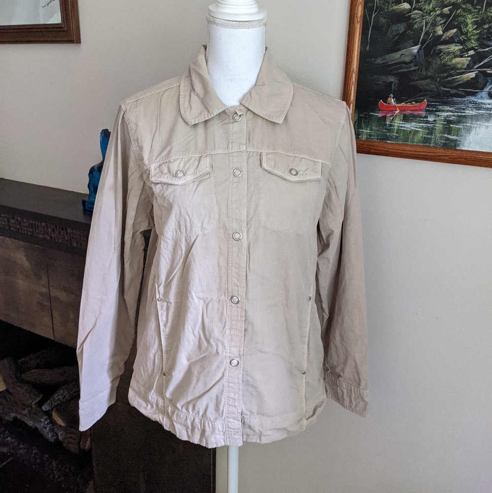 Fresh Produce Wmns Medium Tan Beige Cotton ButtonUp Jacket Belted Cinch Back 134